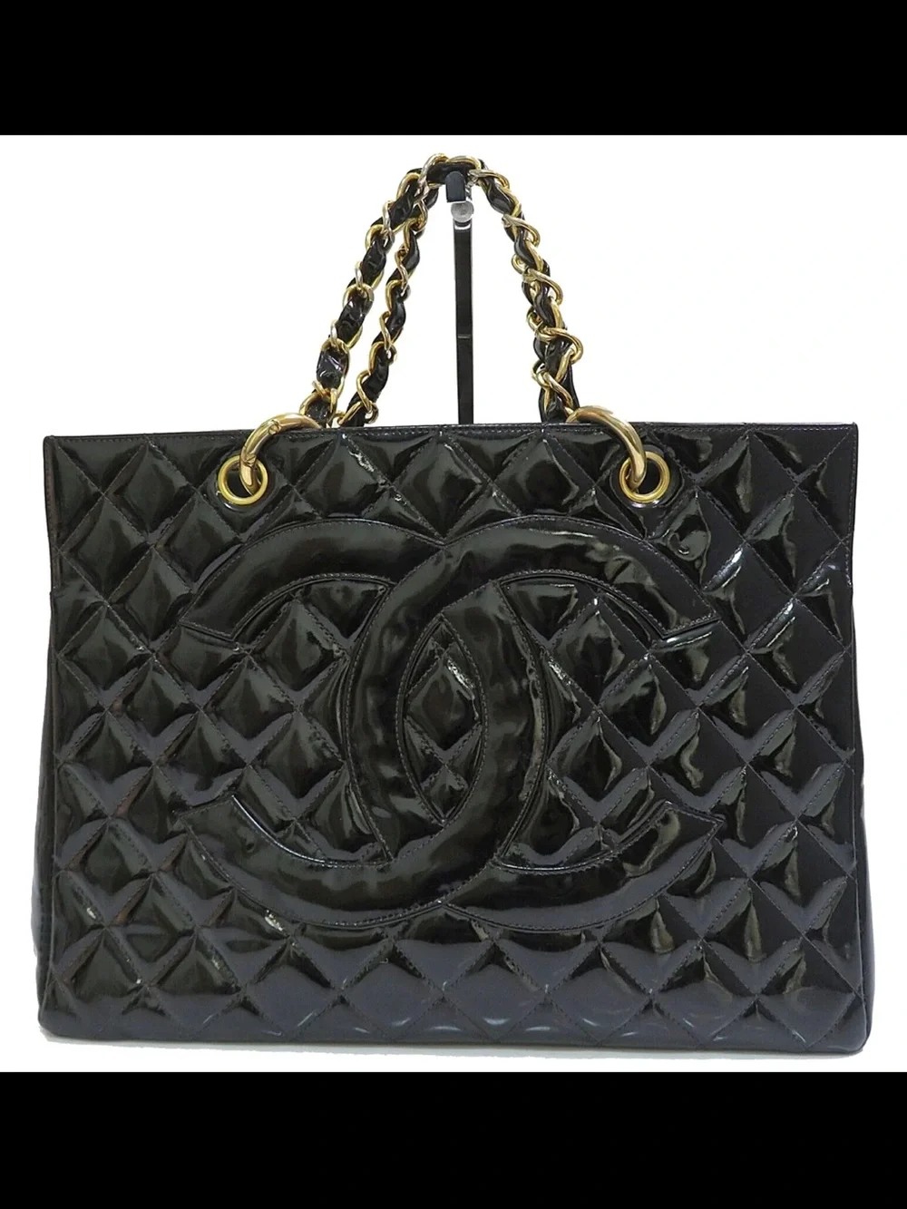 CHANEL Black Quilted Patent Leather Tote with Gold Chain Handles
